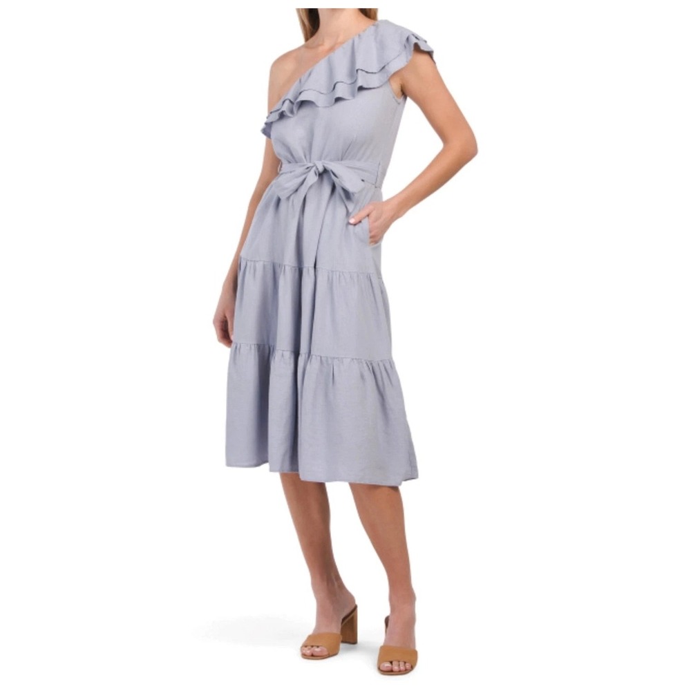 Nicole Miller One‎ Shoulder Ruffle Tiered Midi Dress Elegant Style size Medium